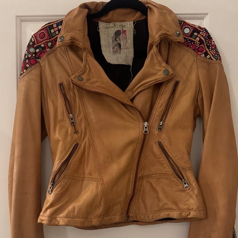 Free People Leather Moto Jacket Embroidered Mirrorwork Boho Rare